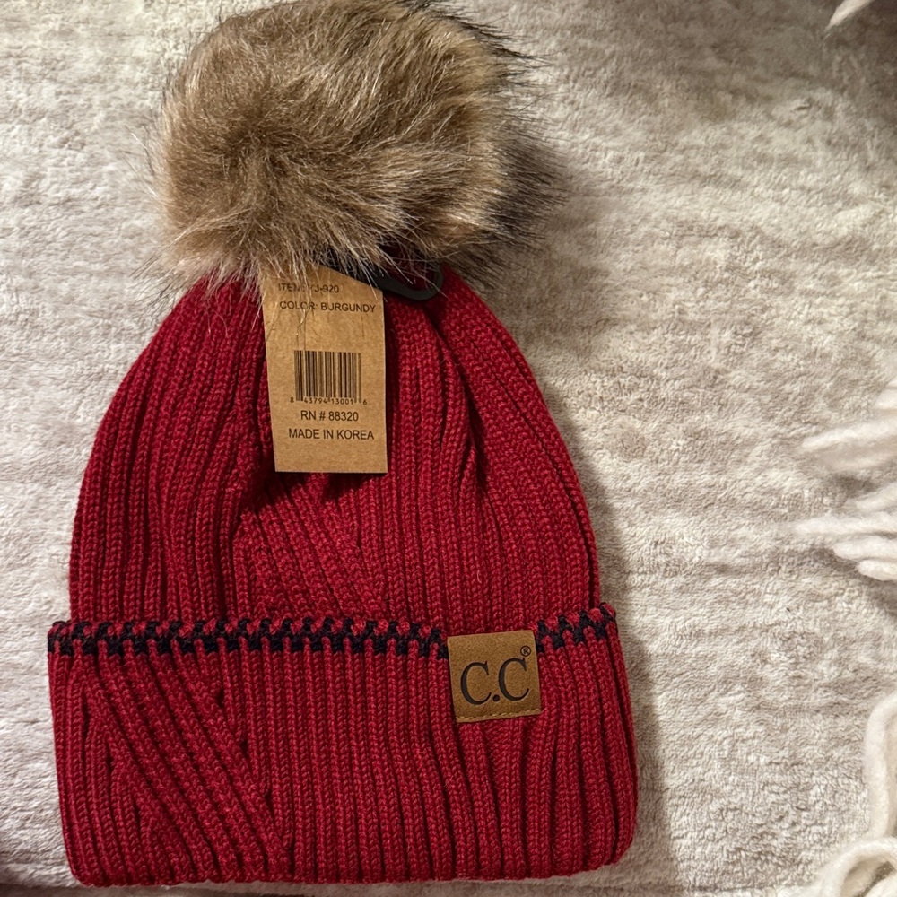 C.C Burgundy Knit Pom-Pom Beanie/ASK 15% OFF